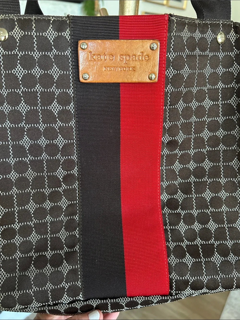 Kate Spade ♠️ New York Brown Tote with Red & Brown Center Stripe